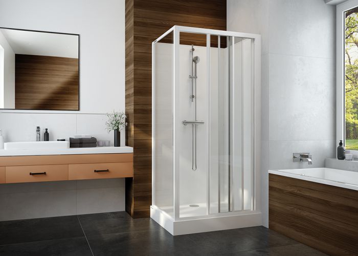 Four-wall complete shower enclosure set- rectangular version with 3-elements sliding doors and W0 glass sheet