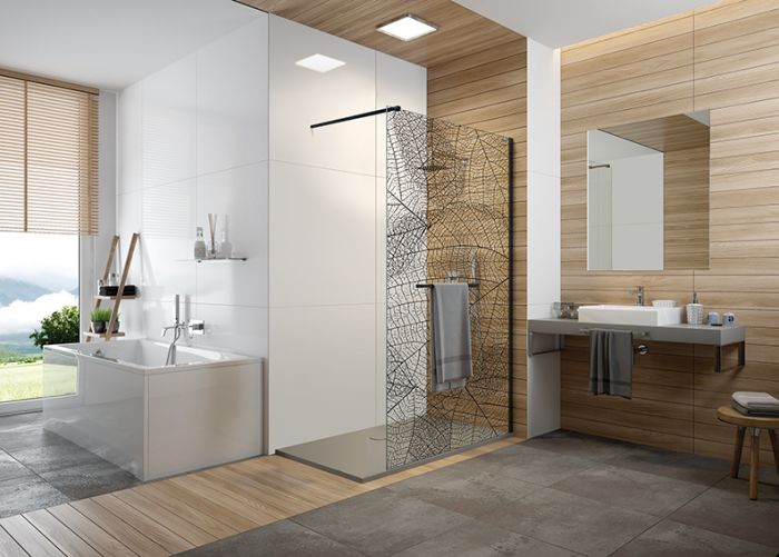 Free Line II Walk-In shower enclosure -  version with black profiles and W22 printscreen