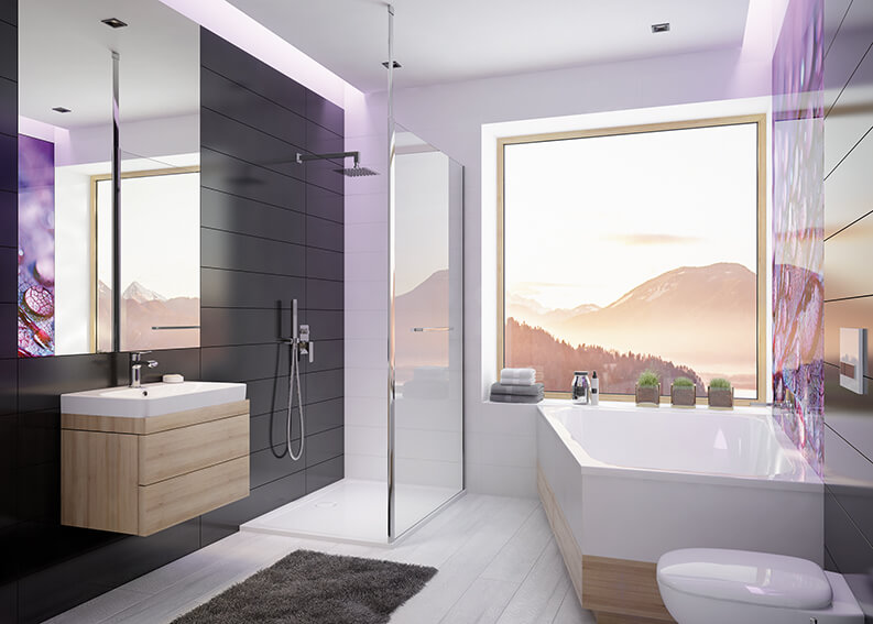 Czerń i biel z akcentami fioletu w nowoczesnej łazience