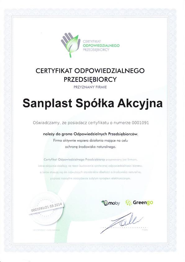 Certyfikat dla firmy Sanplast S.A.