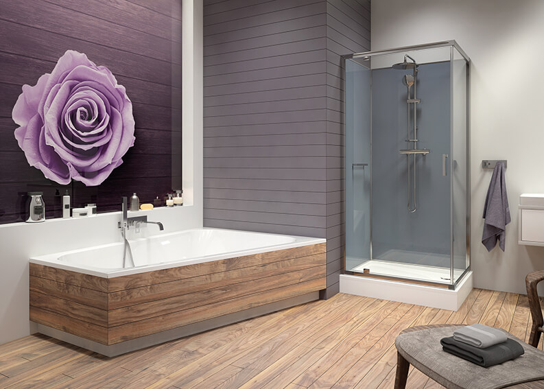 Trapezoidal Free Line bathtub and Classic II cabin in a gray-brown bathroom