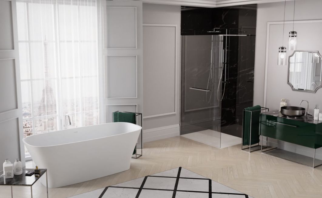 Biała łazienka w stylu glamour z wanną Natur Mineral