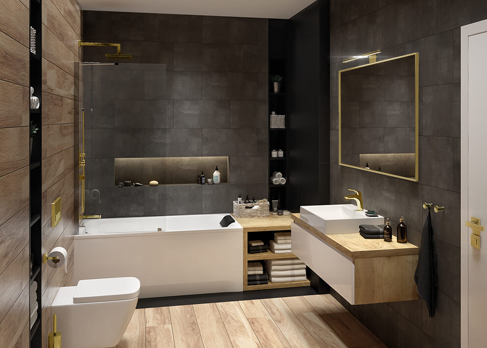 Black and gold bathroom with Free Line bathtub and Free Line II shower enclosure