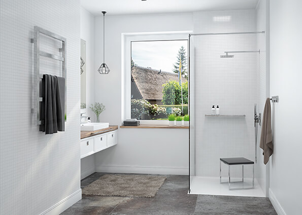 Two-tone bathroom with walk-in shower from the Altus range