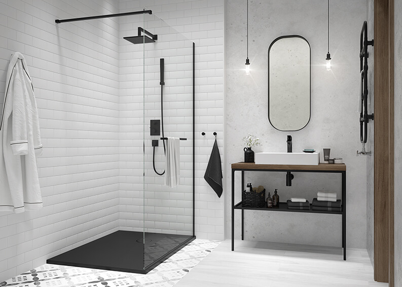 Two-tone bathroom with Free Line shower enclosure and Structure Mineral shower tray