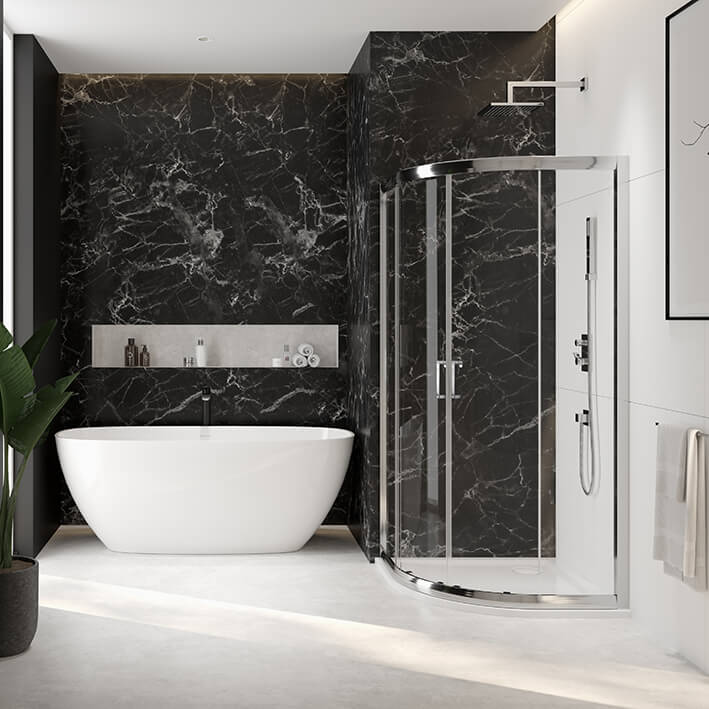 Two-tone bathroom with KP4/TX5 shower enclosure and Fuerta Mineral bathtub