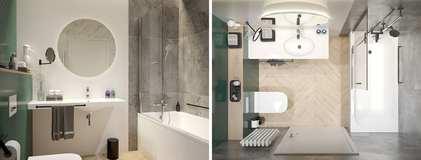 An idea for a green and gray bathroom with a Free Line bathtub and a bathtub screen