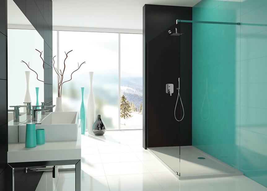 Turquoise-grey bathroom with Walk-In Free Line shower enclosure