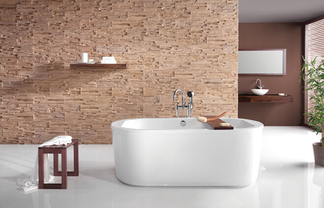 Brown and white bathroom with Space Line bathtub