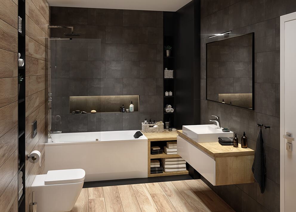 Mała łazienka z drewnianymi elementami, wanną i kabiną Free Line