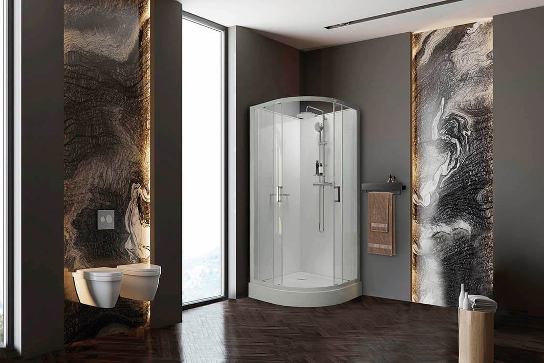 Glass wall decor in a gray-brown bathroom with a Classic II shower enclosure