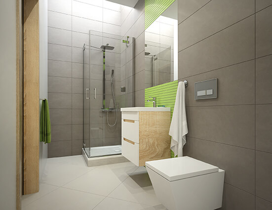 Gray and green bathroom with wooden elements and a Free LineII cabin