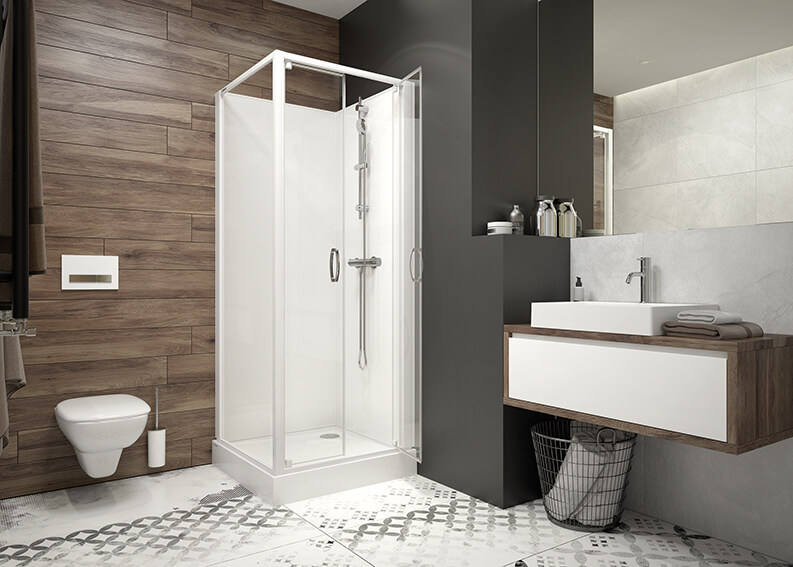 Basic Complete shower enclosure in white and brown bathroom
