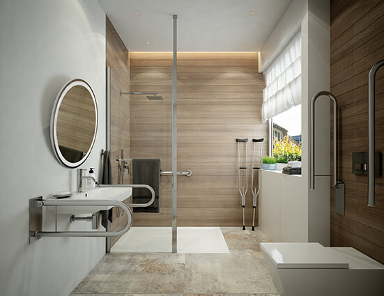Elongated bathroom with walk-in shower in the Altus series