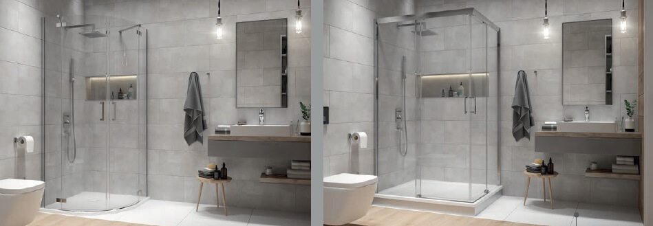 White and grey bathroom in two versions of fittings