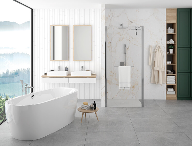 Biała łazienka z wanną wolnostojącą owalną kompletną Luxo i kabiną Walk-In serii Altus