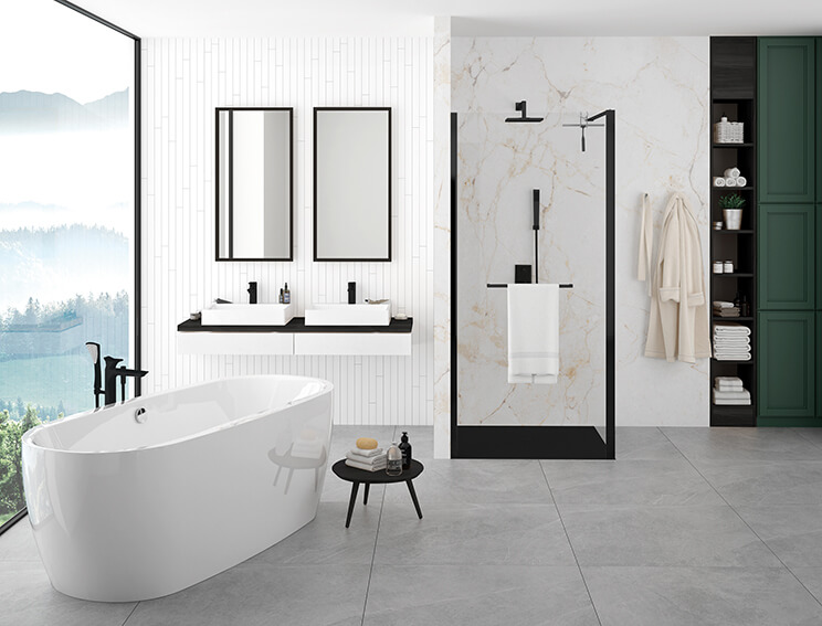Biała łazienka z elemetanami czerni oraz wanną Luxo, kabiną Walk-In serii Altus oraz brodzikiem Open Structure Mineral