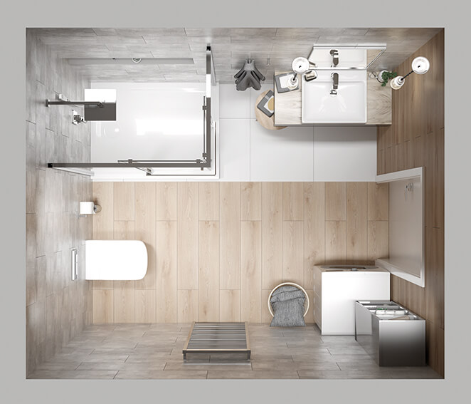 small bathroom in white and grey with wood elements