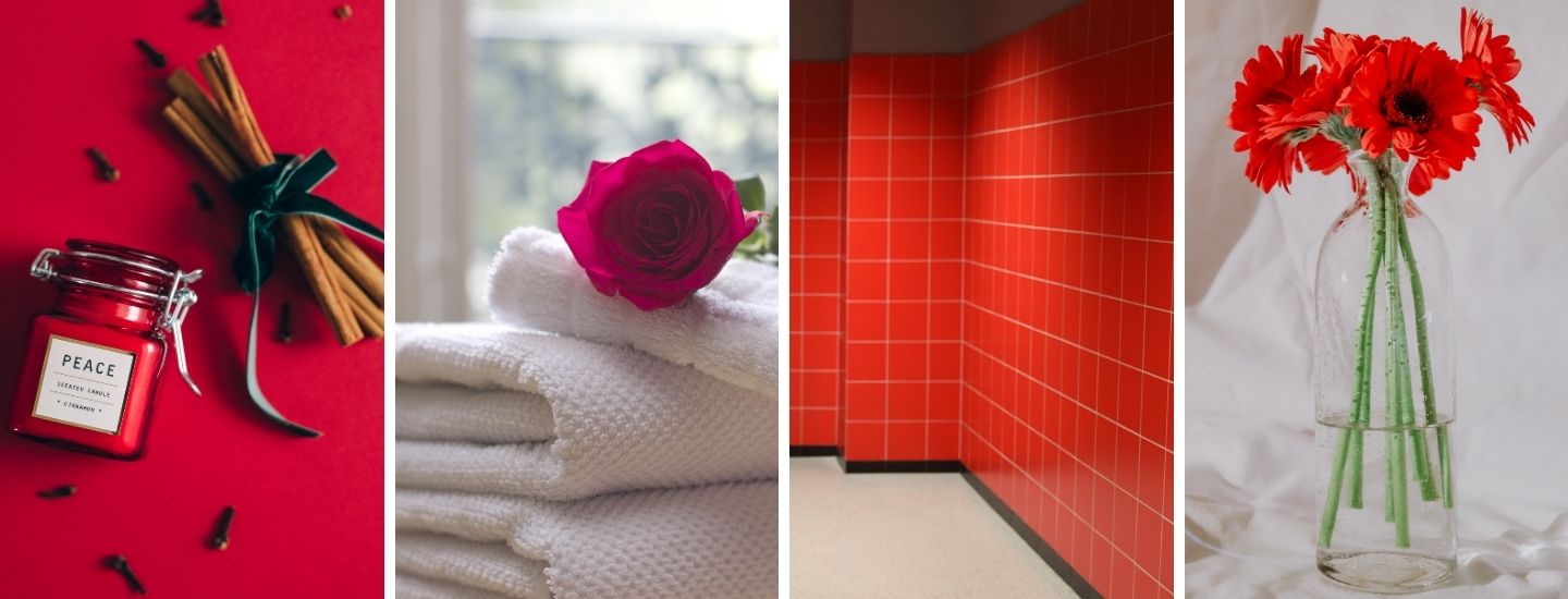 Accessories for a white and red bathroom