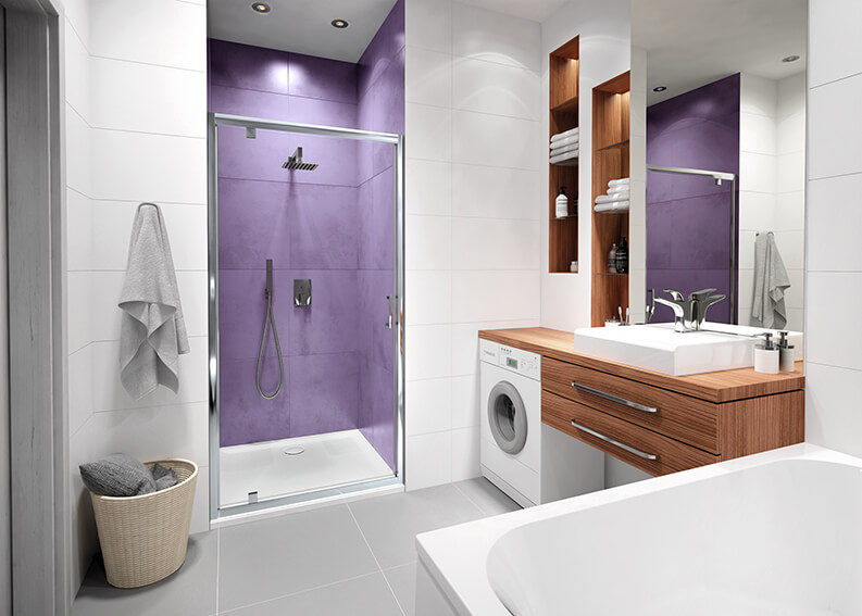 TX5b shower door in a grey and purple bathroom