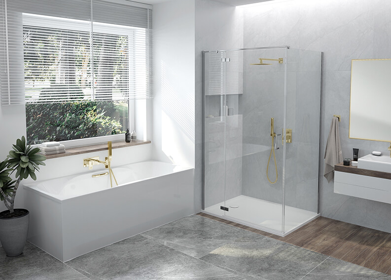 White and gold bathroom with wood and Free Line II shower enclosure and Loft Line bathtub