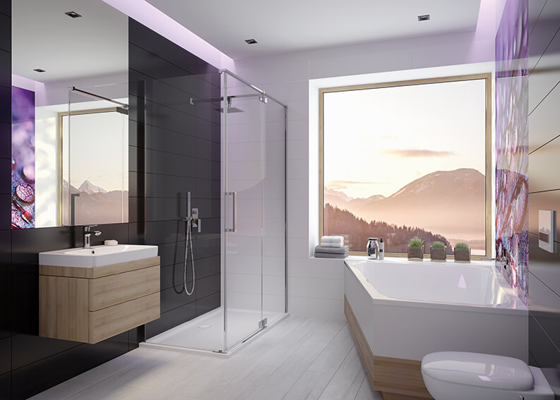 Purple and black bathroom with Free Line trapezoidal bathtub and Tensa shower enclosure