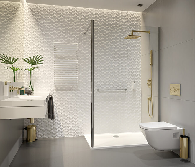 Prestige shower enclosure in a white and gold bathroom