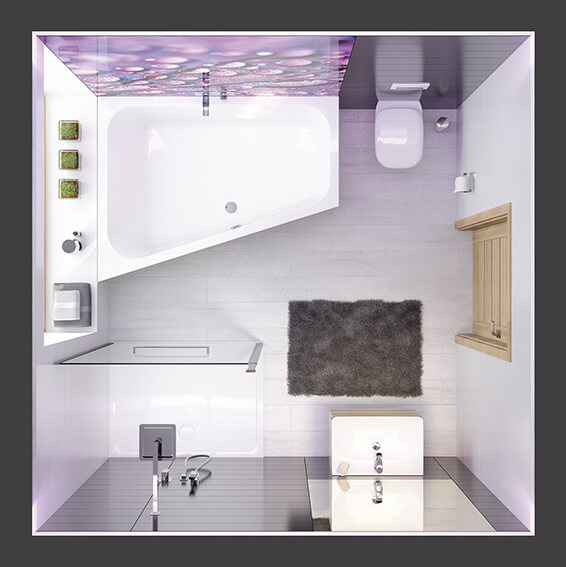 Różne materiały w kwadratowej łazience z kabiną Altus i wanną Free Line