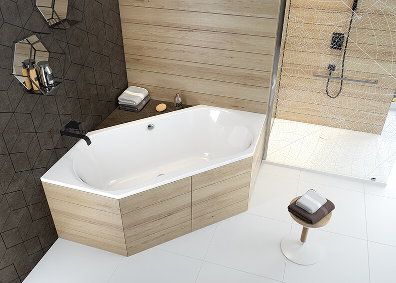 Luxo built-in bathtub in the corner of the bathroom